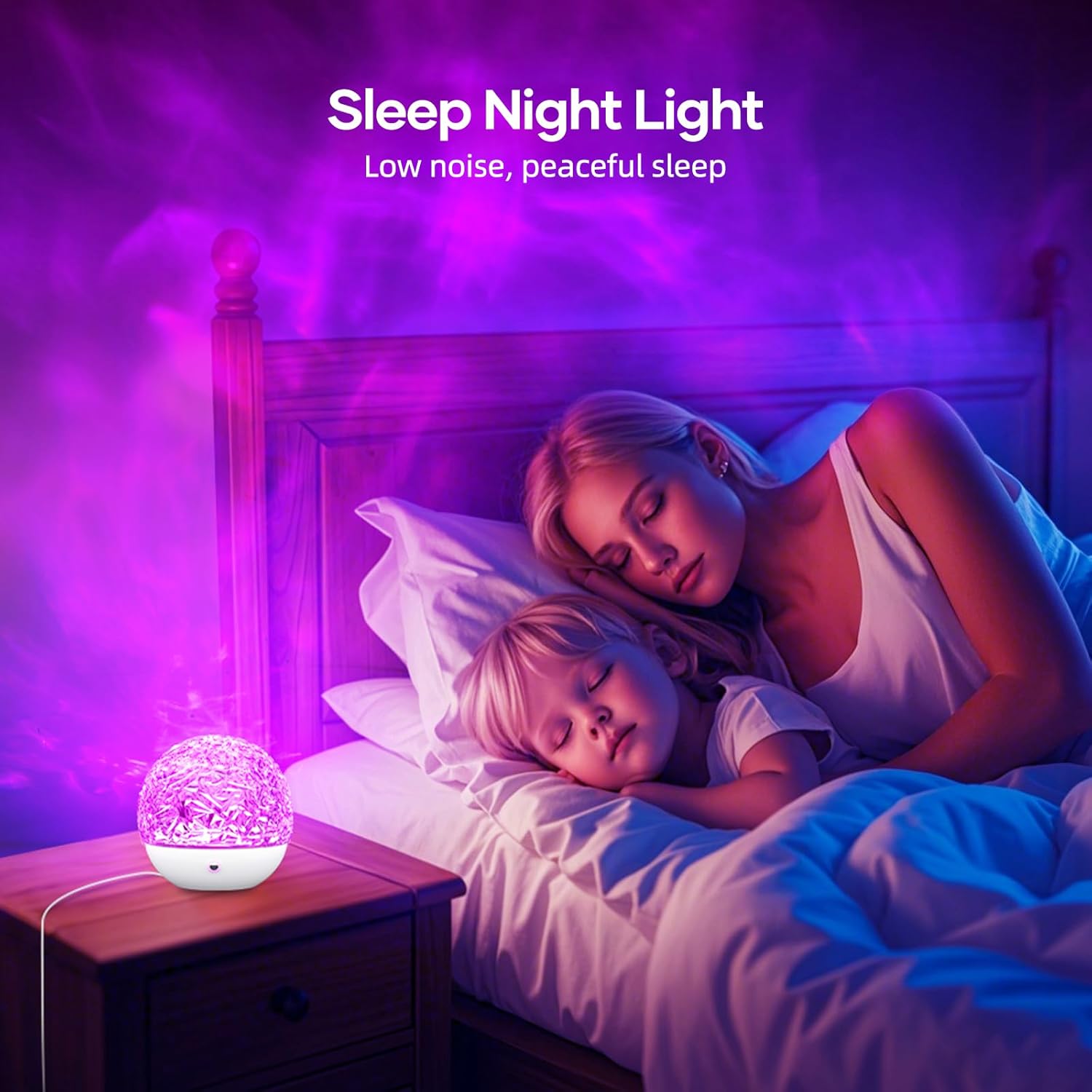 Woman and child lying in bed with a purple light and 'Sleep Night Light' text.