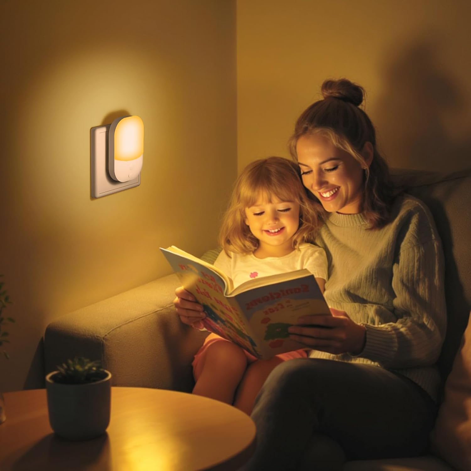 Woman and child reading a book in a cozy room with a night light on the wall.