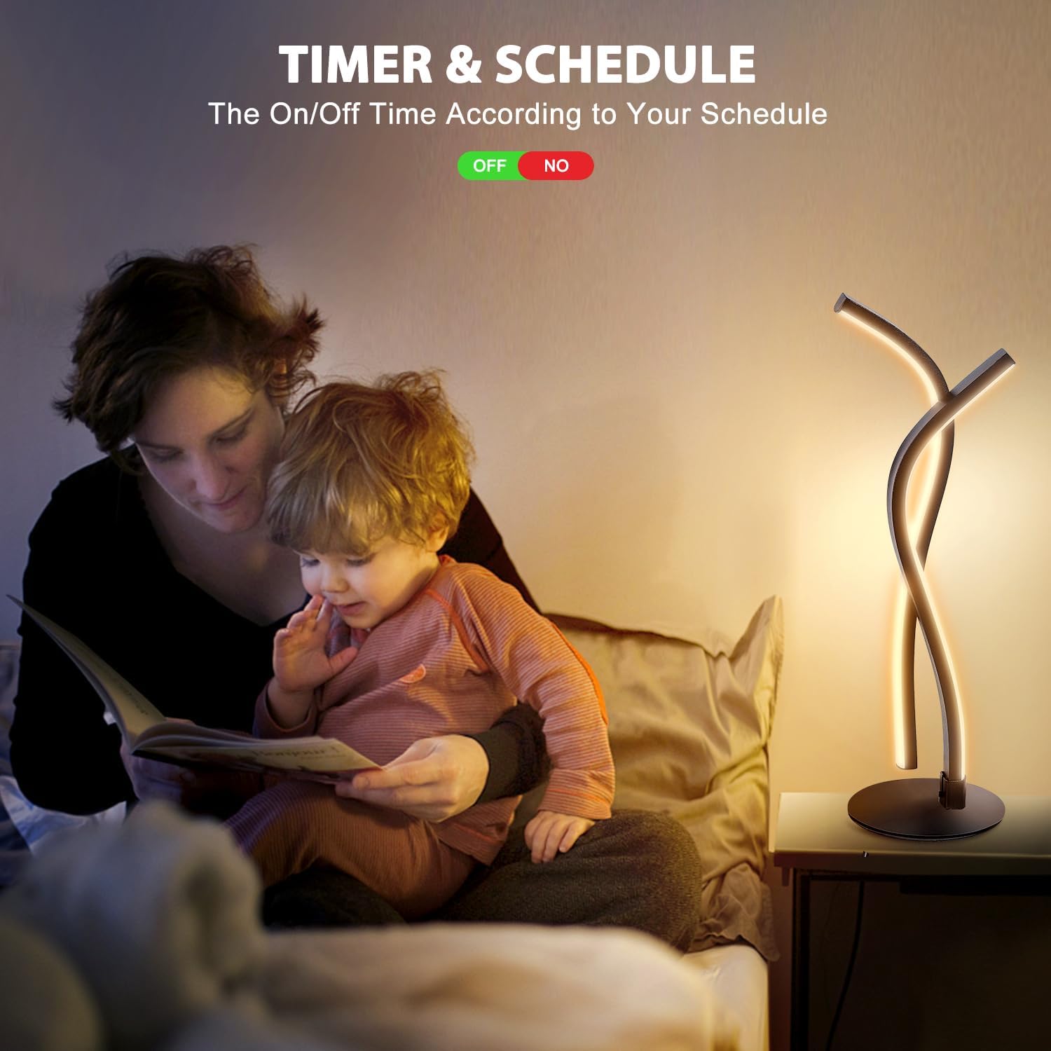 Woman and child reading a book in bed with a lamp on a nightstand.