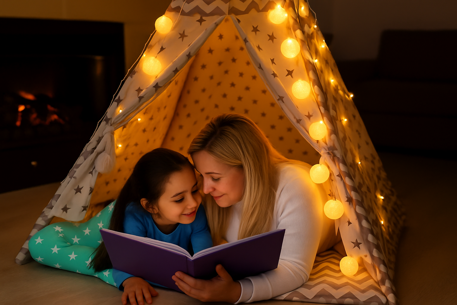 Woman and child reading a book inside a cozy tent with string lights, near a fireplace.