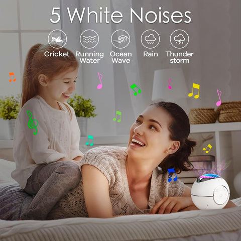 Woman and child sitting together with a white noise machine labeled '5 White Noises' on a blurred background.