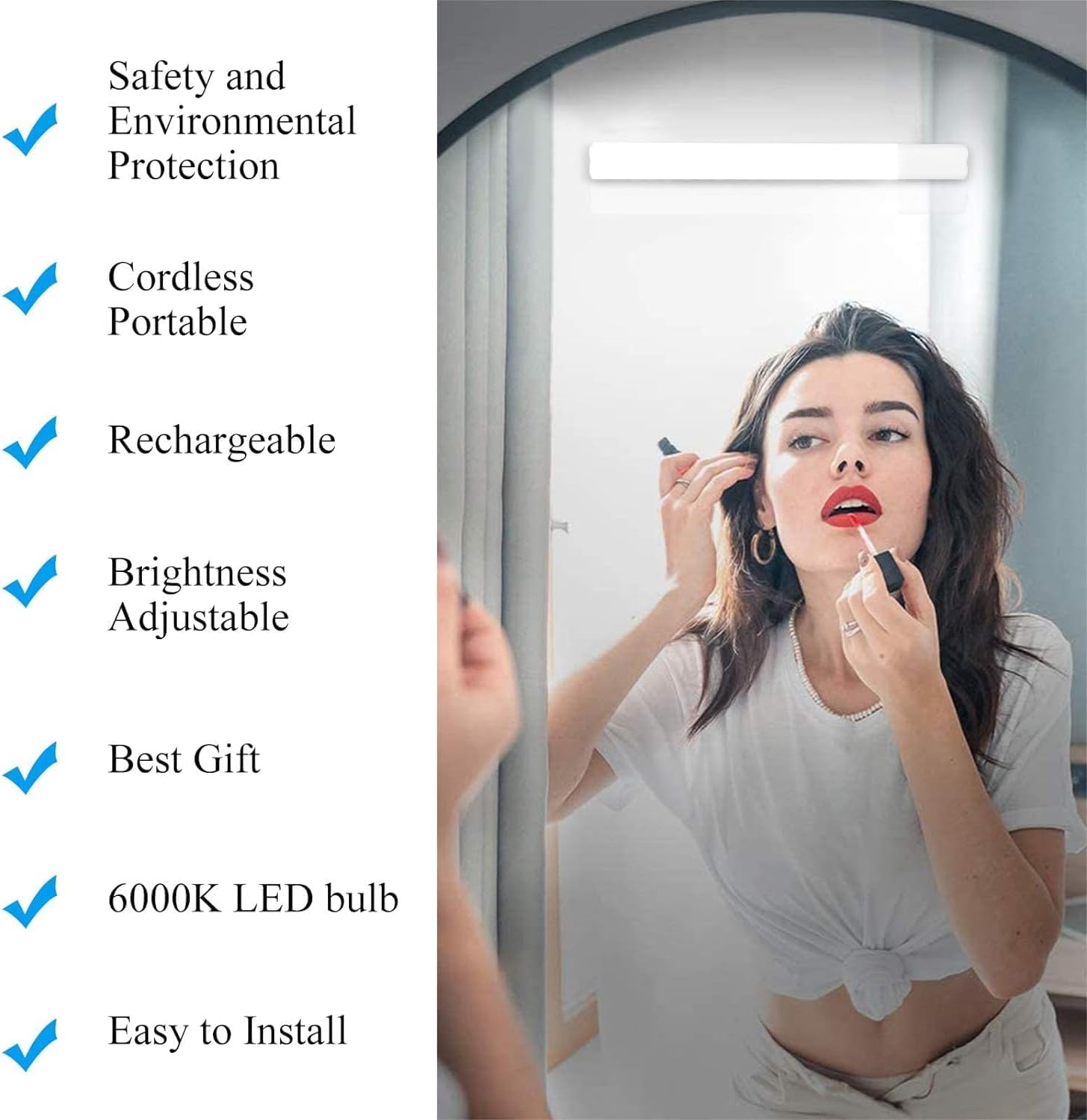 Woman applying makeup in a mirror with LED light features listed on the left.