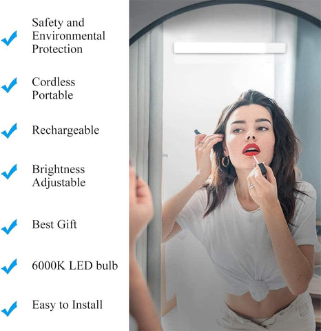 Woman applying makeup in a mirror with LED light features listed on the left.