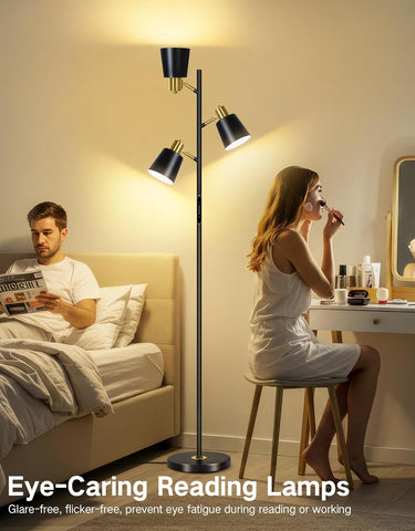 Woman applying makeup in front of a floor lamp with a man reading on a bed, emphasizing eye-care benefits.