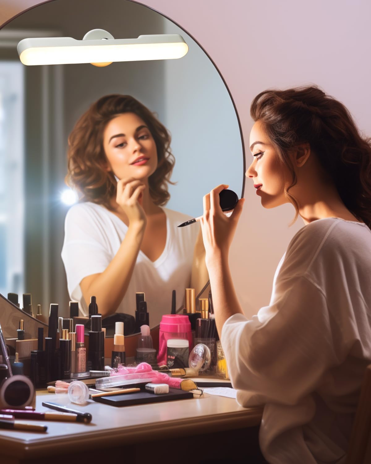 Woman applying makeup in front of a round mirror with a light above it.