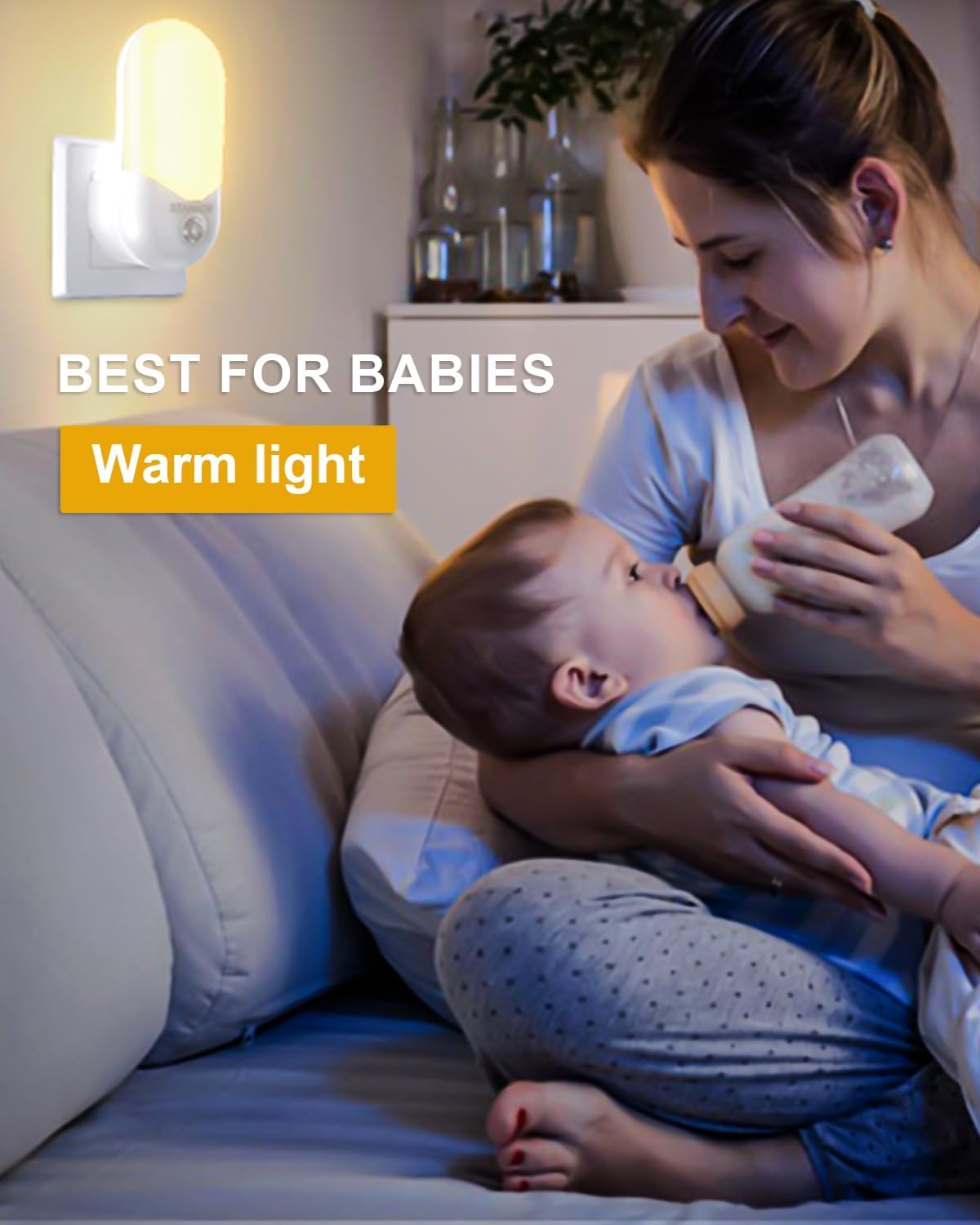 Woman feeding a baby with a night light labeled 'Best for Babies' and 'Warm Light'.