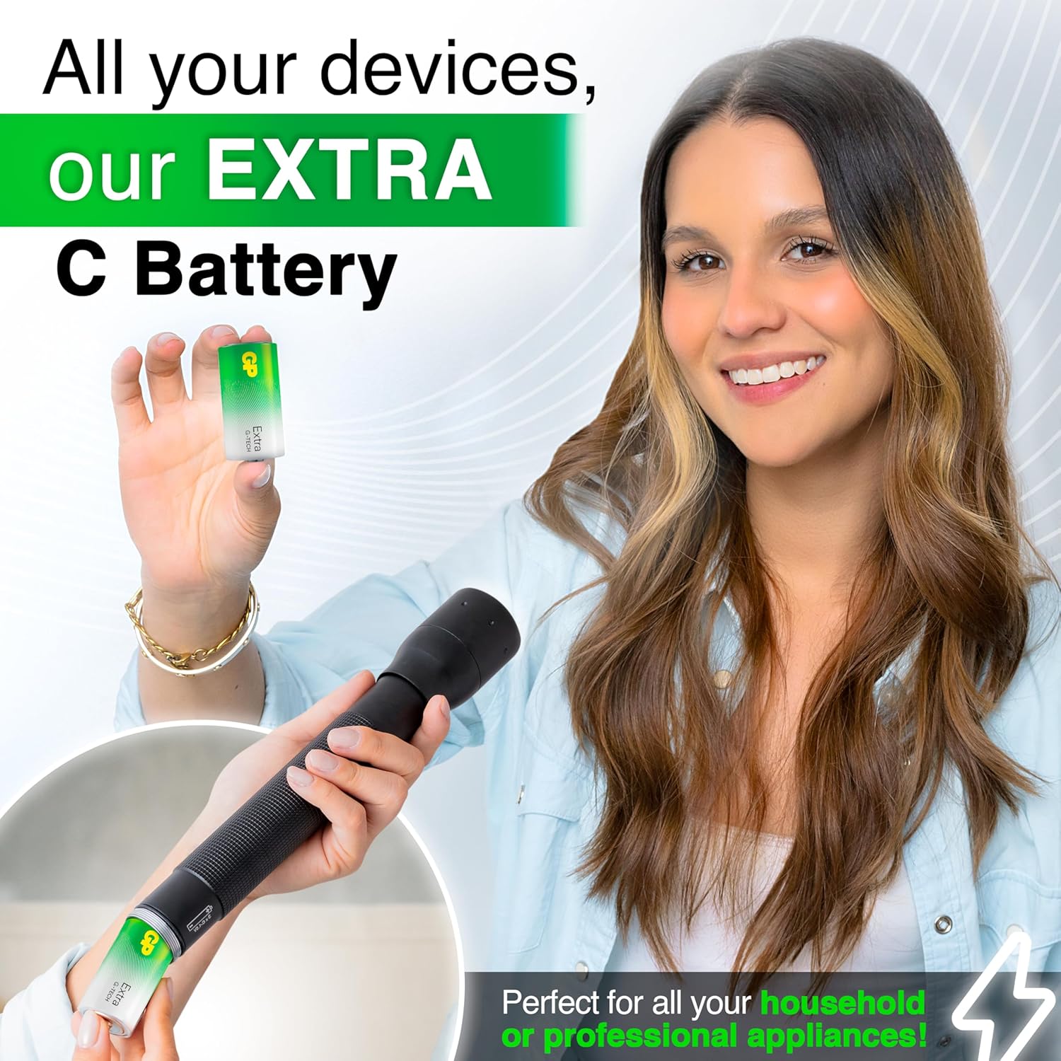 Woman holding a battery and a device with text about an extra C battery for various devices.