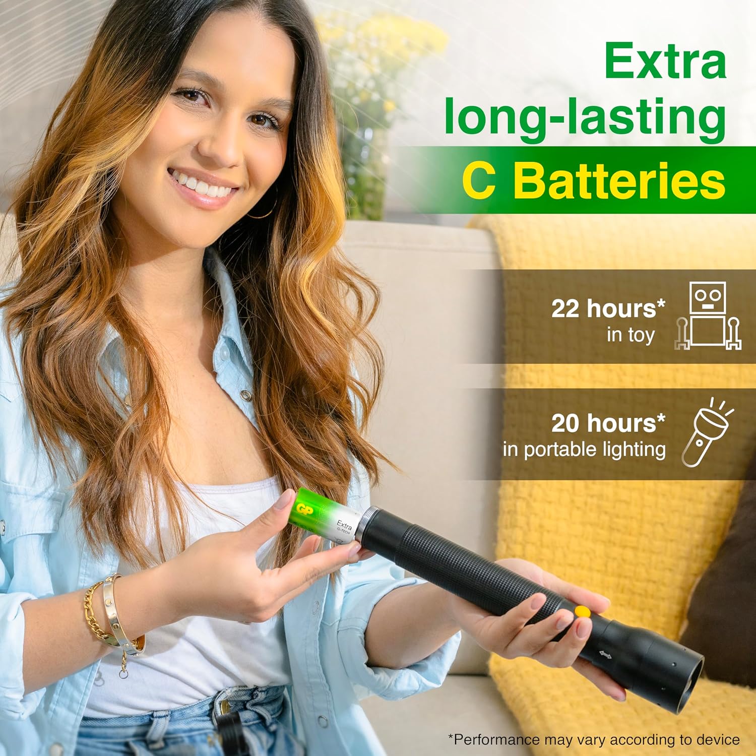 Woman holding a flashlight with text about extra long-lasting C batteries