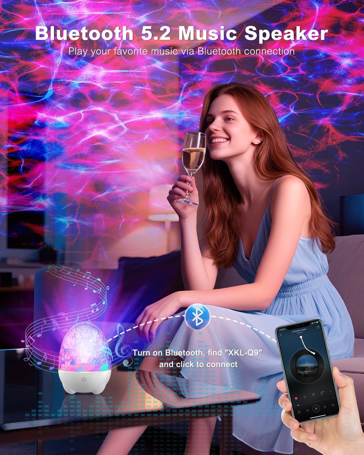 Woman holding a glass of wine with a Bluetooth music speaker and smartphone in a colorful room.
