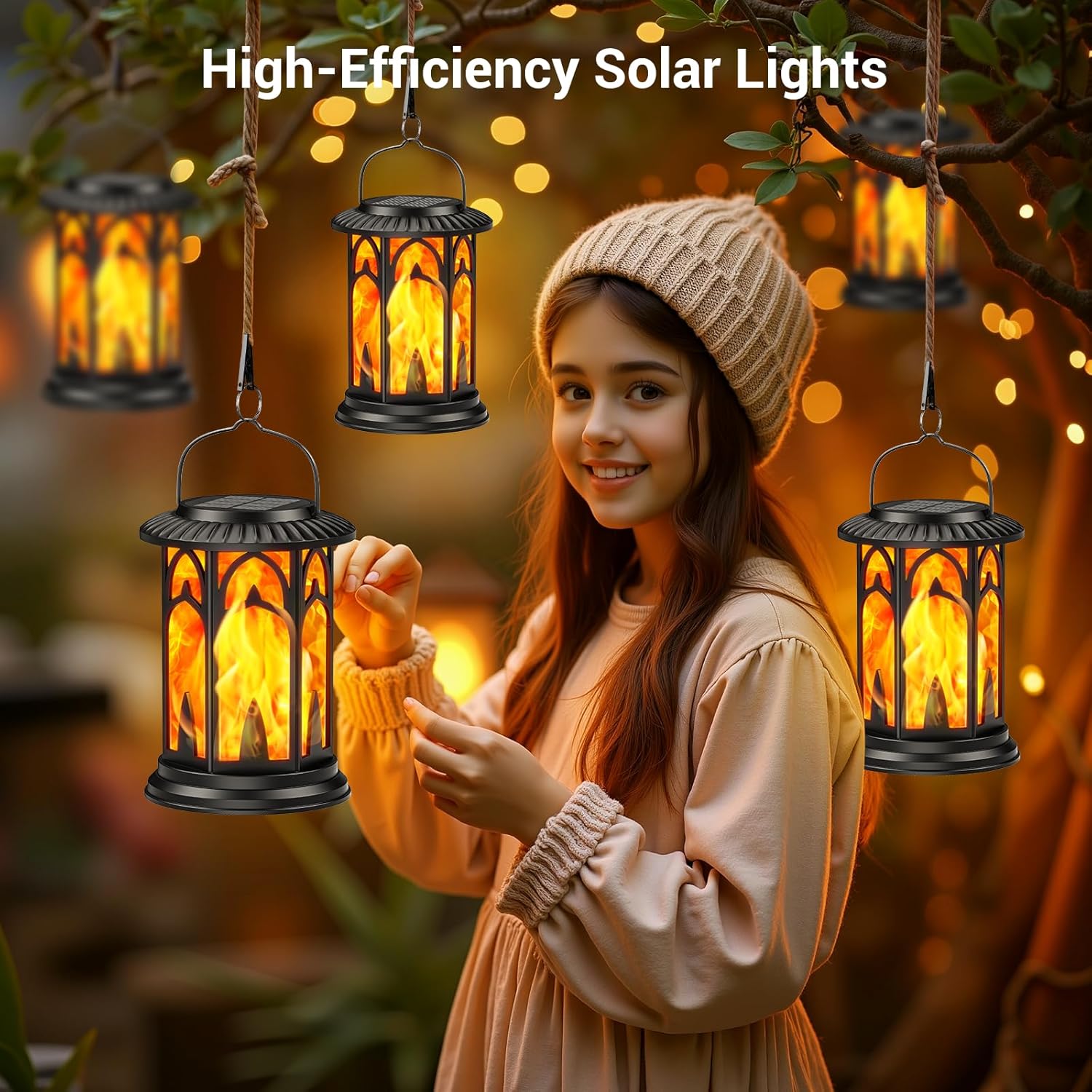 Woman holding a high-efficiency solar light with more lights hanging in the background.