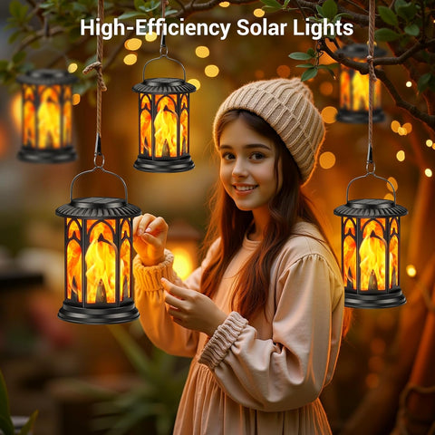 Woman holding a high-efficiency solar light with more lights hanging in the background.