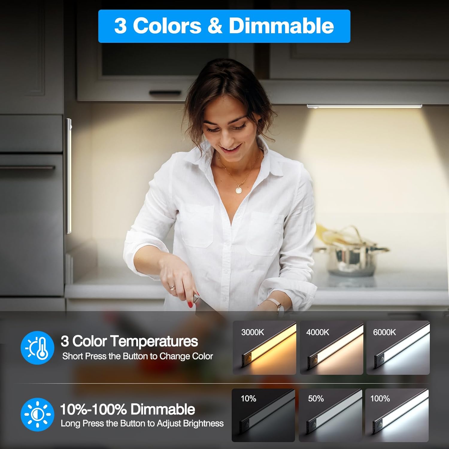 Woman in a kitchen with under-cabinet lighting, highlighting color temperature and dimmability features.