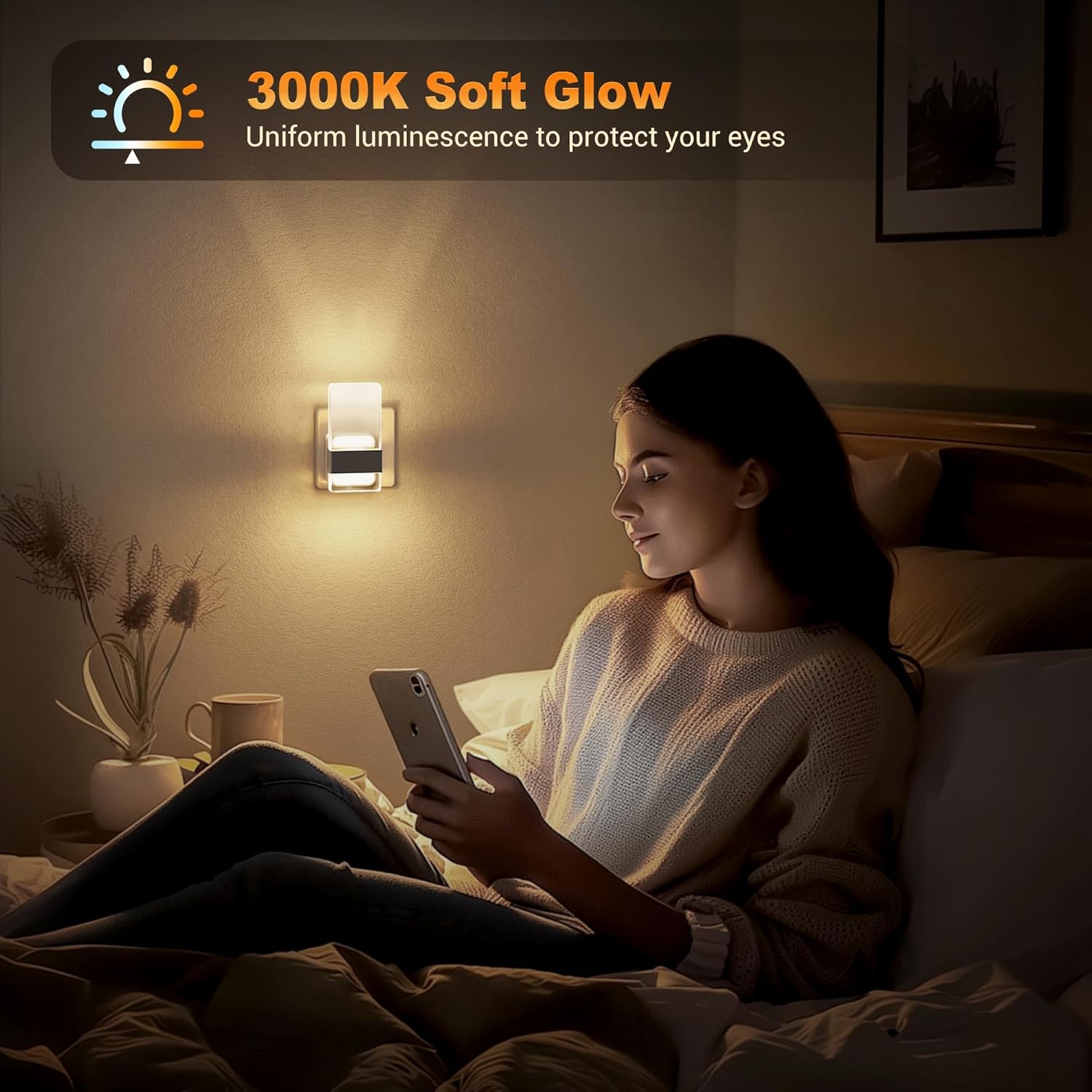 Woman in bed using a smartphone with a wall-mounted light emitting 3000K soft glow.