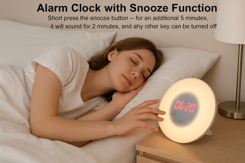 Woman in bed using an alarm clock with a snooze function, displaying the time '06:20'.