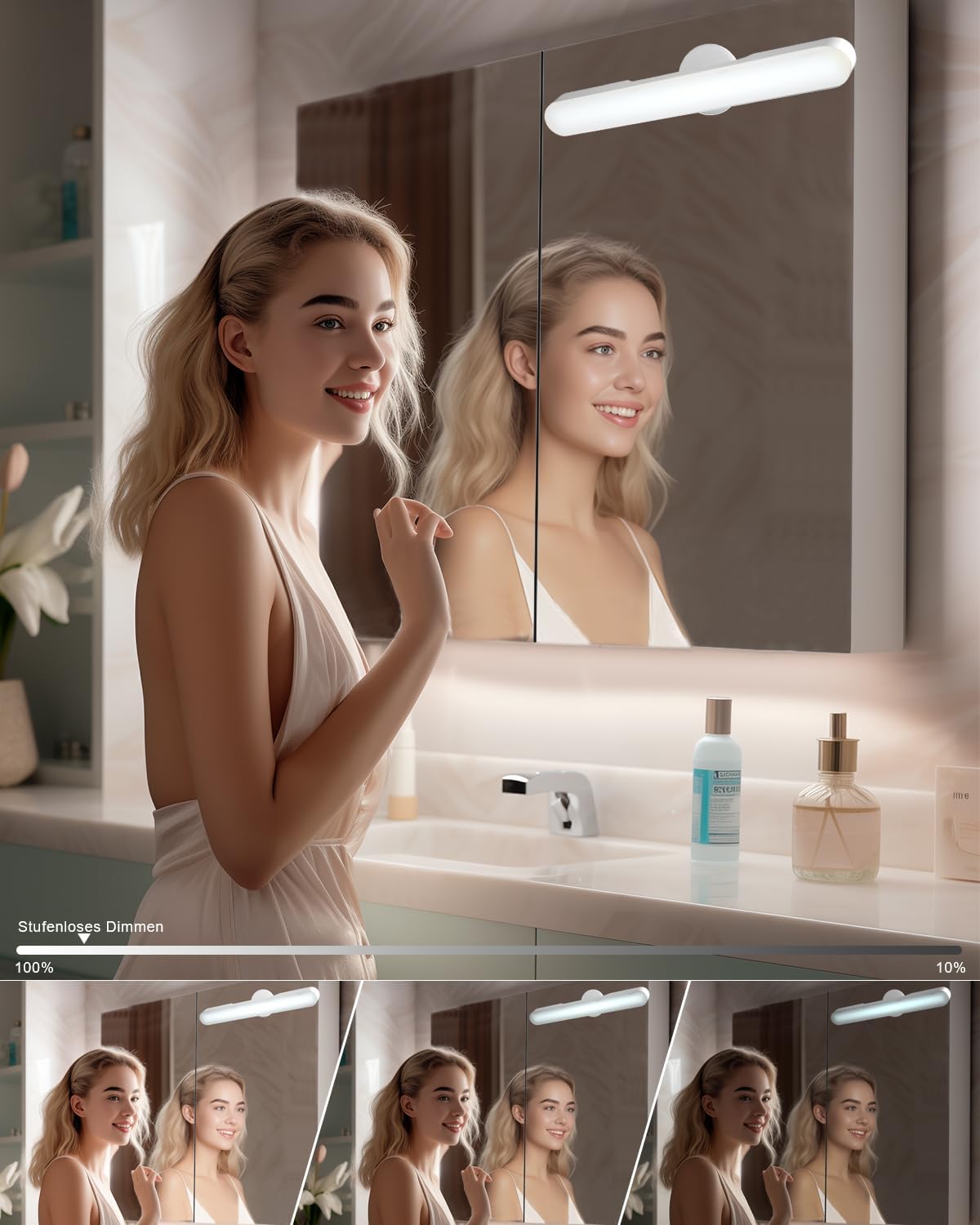 Woman looking at a smart mirror with LED lights in a bathroom setting.