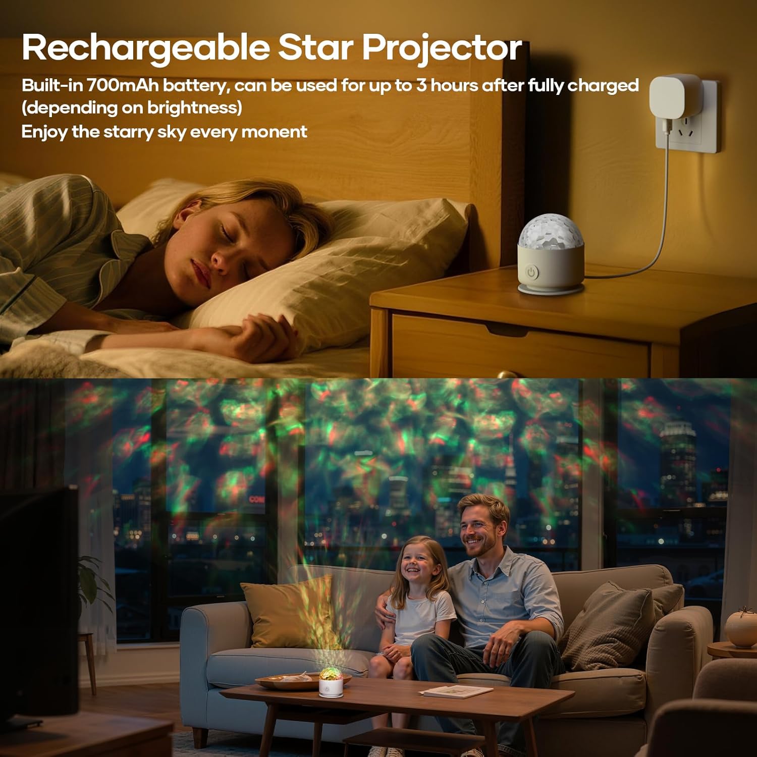 Woman lying in bed with a rechargeable star projector on a nightstand, and a family sitting on a couch with starry sky projection.
