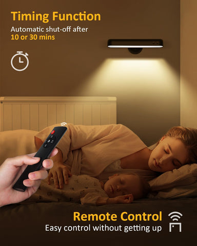 Woman lying in bed with a remote control, featuring a wall-mounted light and text about timing function and remote control.
