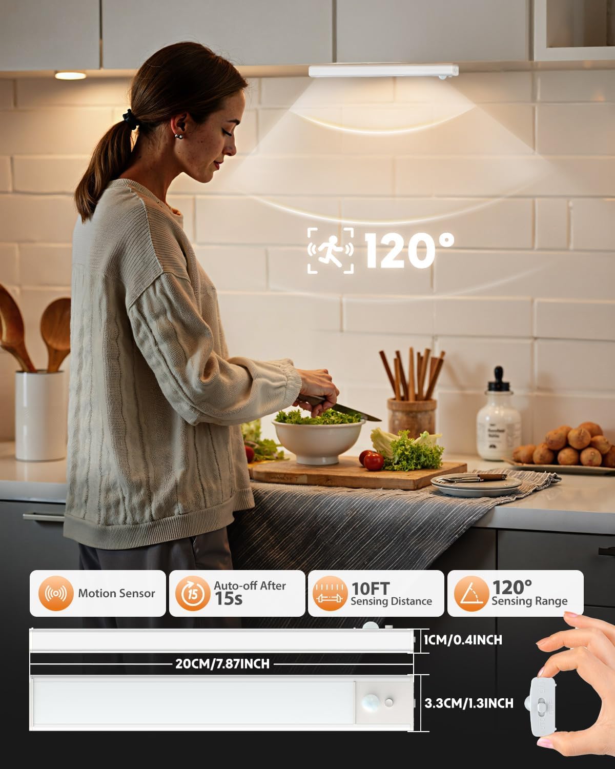 Woman preparing food in a kitchen with a motion sensor light above her.