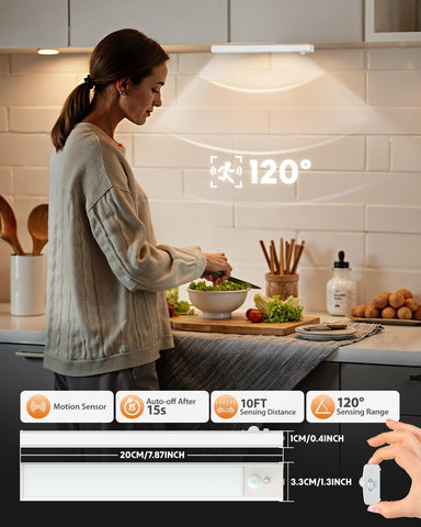 Woman preparing food in a kitchen with a motion sensor light above her.