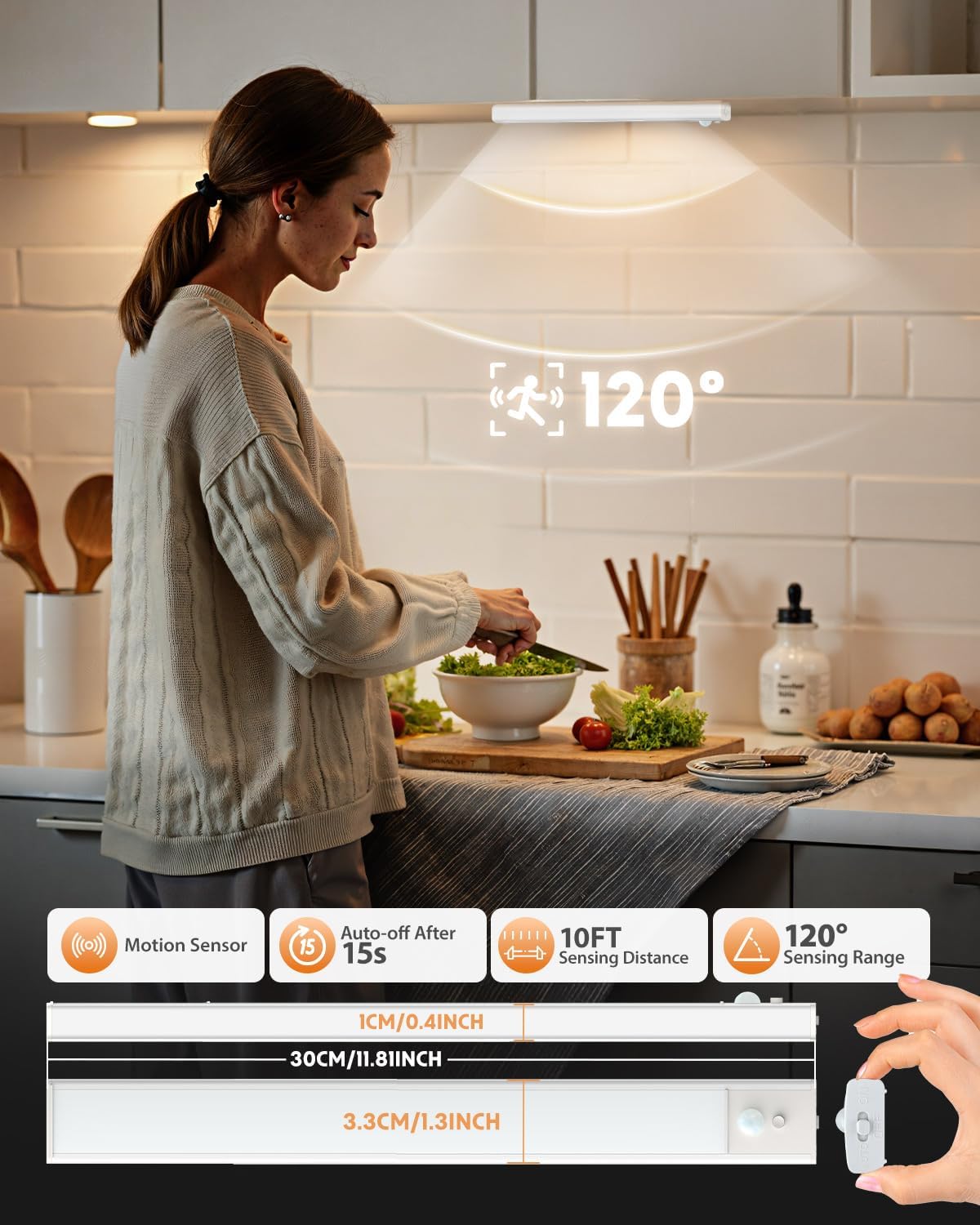 Woman preparing food in a kitchen with a motion sensor light above her head.