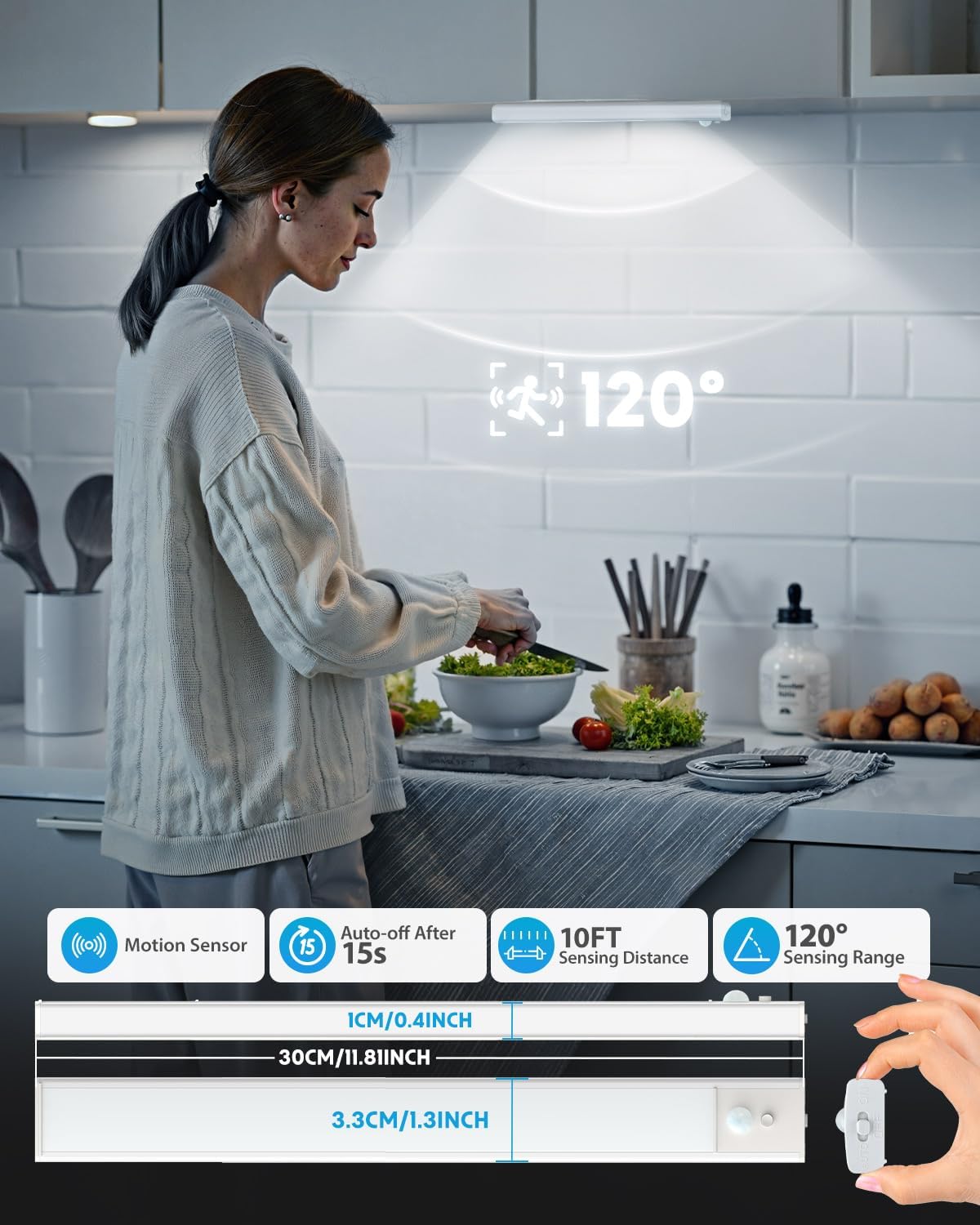 Woman preparing food in a kitchen with a motion sensor light above her head.