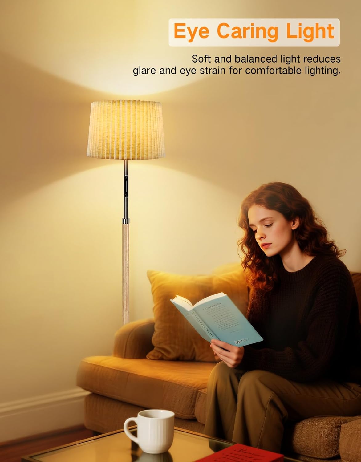 Woman reading a book in a cozy living room with a floor lamp labeled 'Eye Caring Light'.