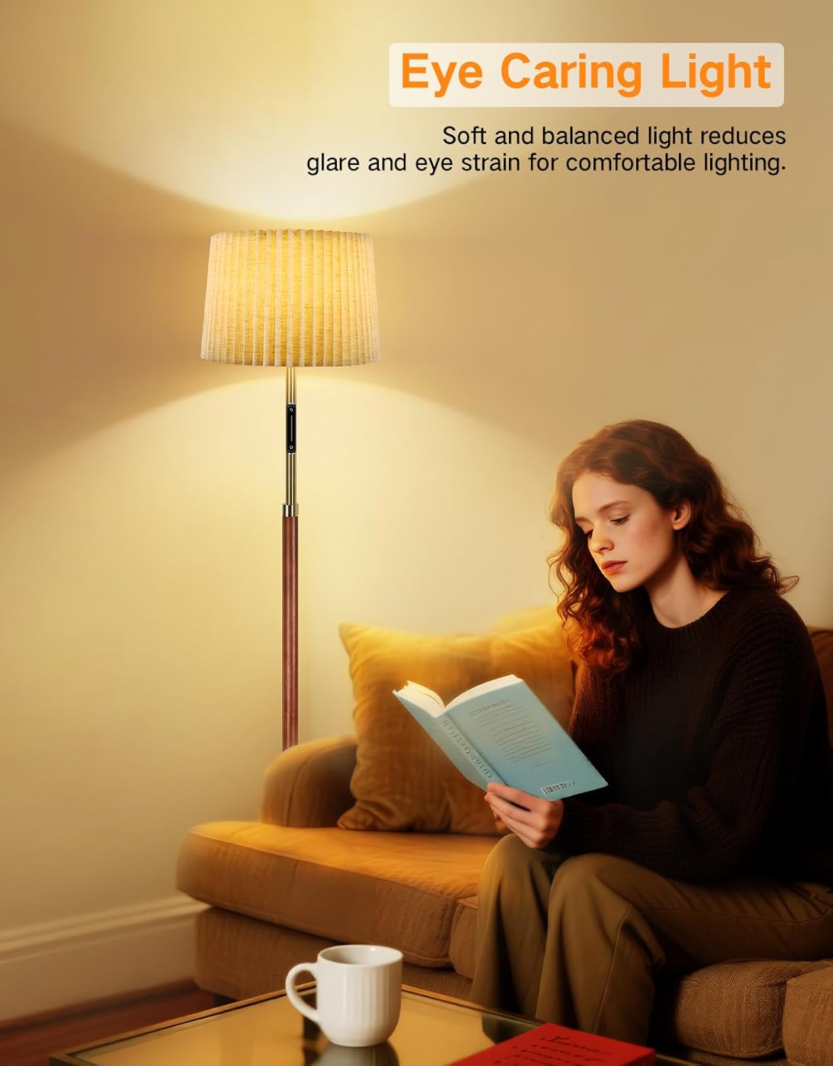 Woman reading a book in a cozy living room with a floor lamp labeled 'Eye Caring Light'.