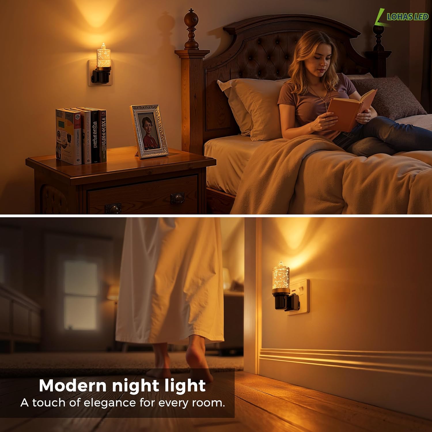 Woman reading a book in bed with a night light on, followed by a scene of a modern night light in a different room.