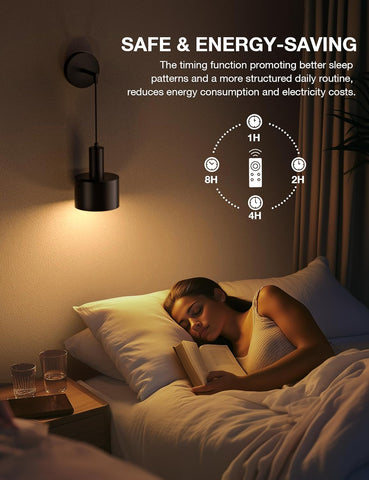 Woman reading a book in bed with a nightlight and energy-saving display on the wall.