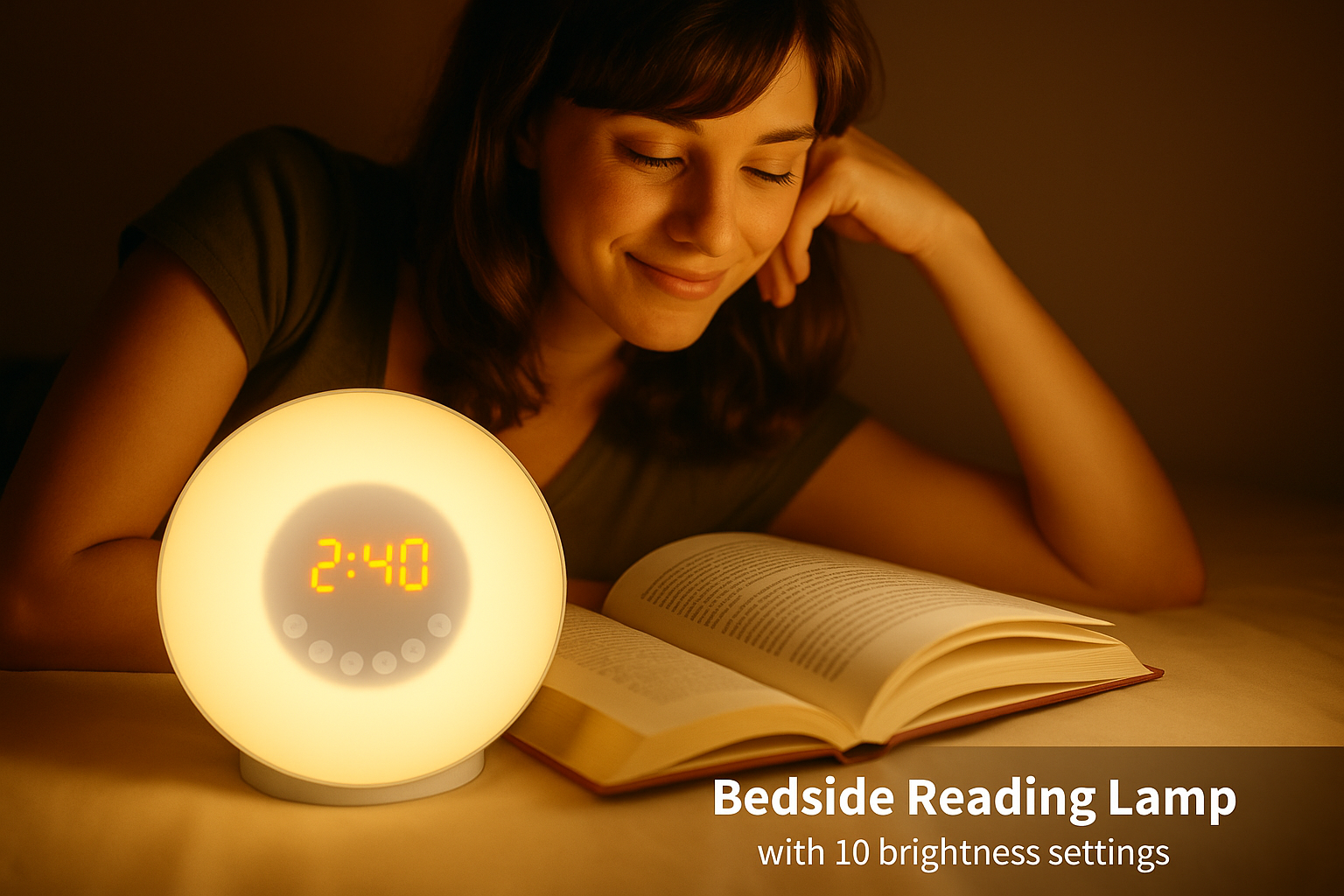 Woman reading a book next to a bedside reading lamp with digital display