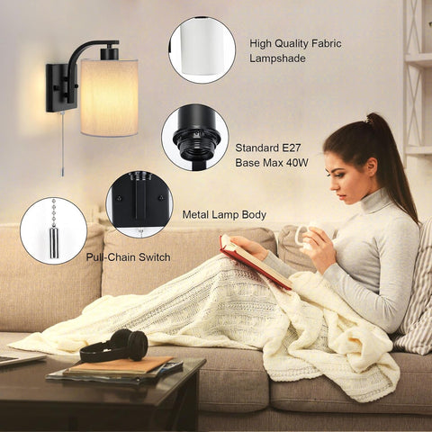 Woman reading a book on a couch with a wall-mounted lamp and product features highlighted.