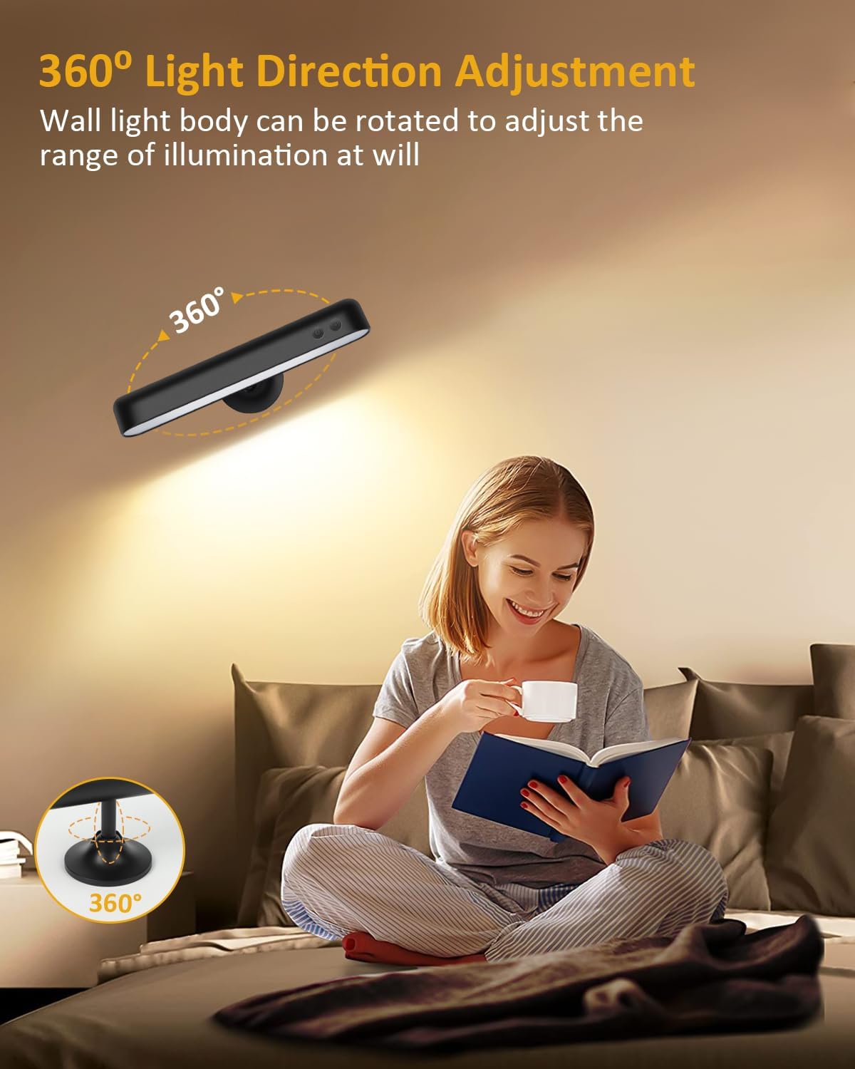 Woman reading a book with a wall light above her, highlighting 360-degree light direction adjustment feature.