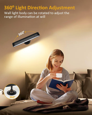 Woman reading a book with a wall light above her, highlighting 360-degree light direction adjustment feature.