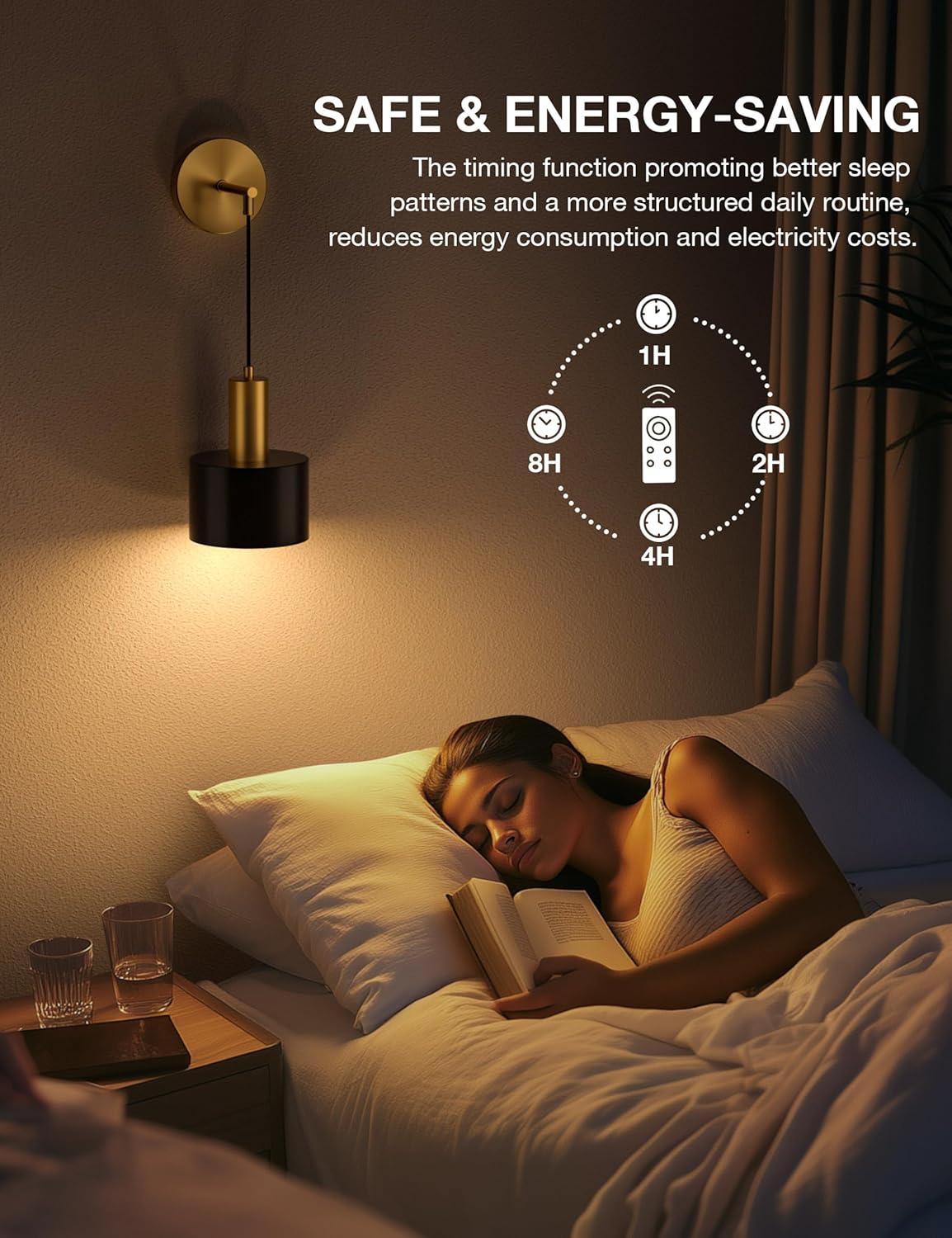 Woman reading in bed with a nightlight and energy-saving display on the wall.
