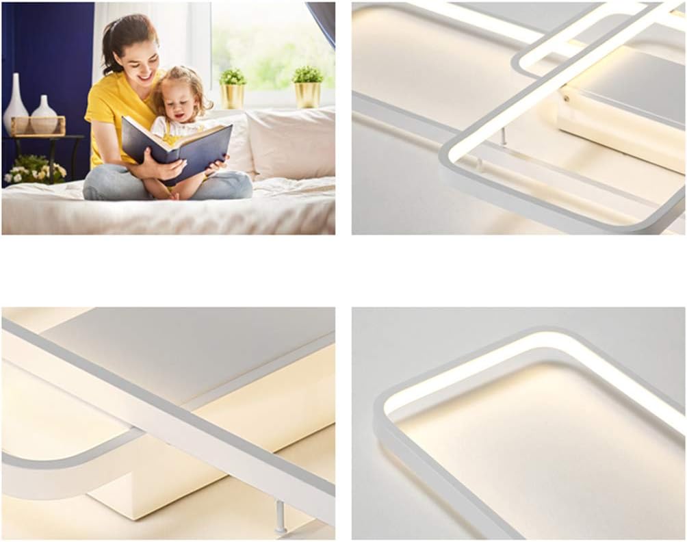 Woman reading to a child in a cozy room with modern ceiling lights.