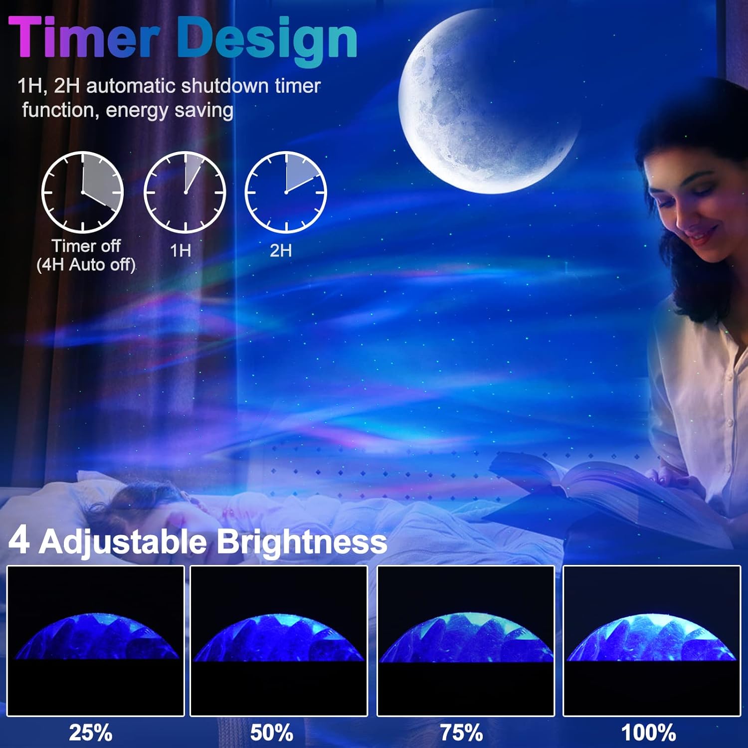 Woman reading with a night light projector displaying timer and brightness settings.