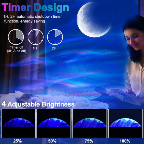 Woman reading with a night light projector displaying timer and brightness settings.