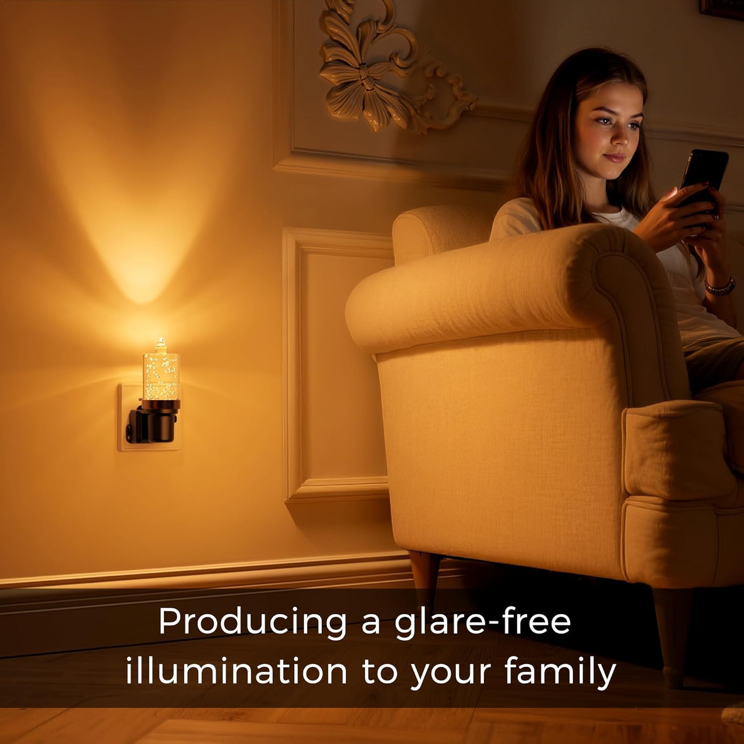 Woman sitting in a cozy armchair using a smartphone in a warmly lit room.