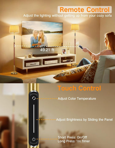 Woman sitting on a couch adjusting lighting with a remote control in a living room setting.