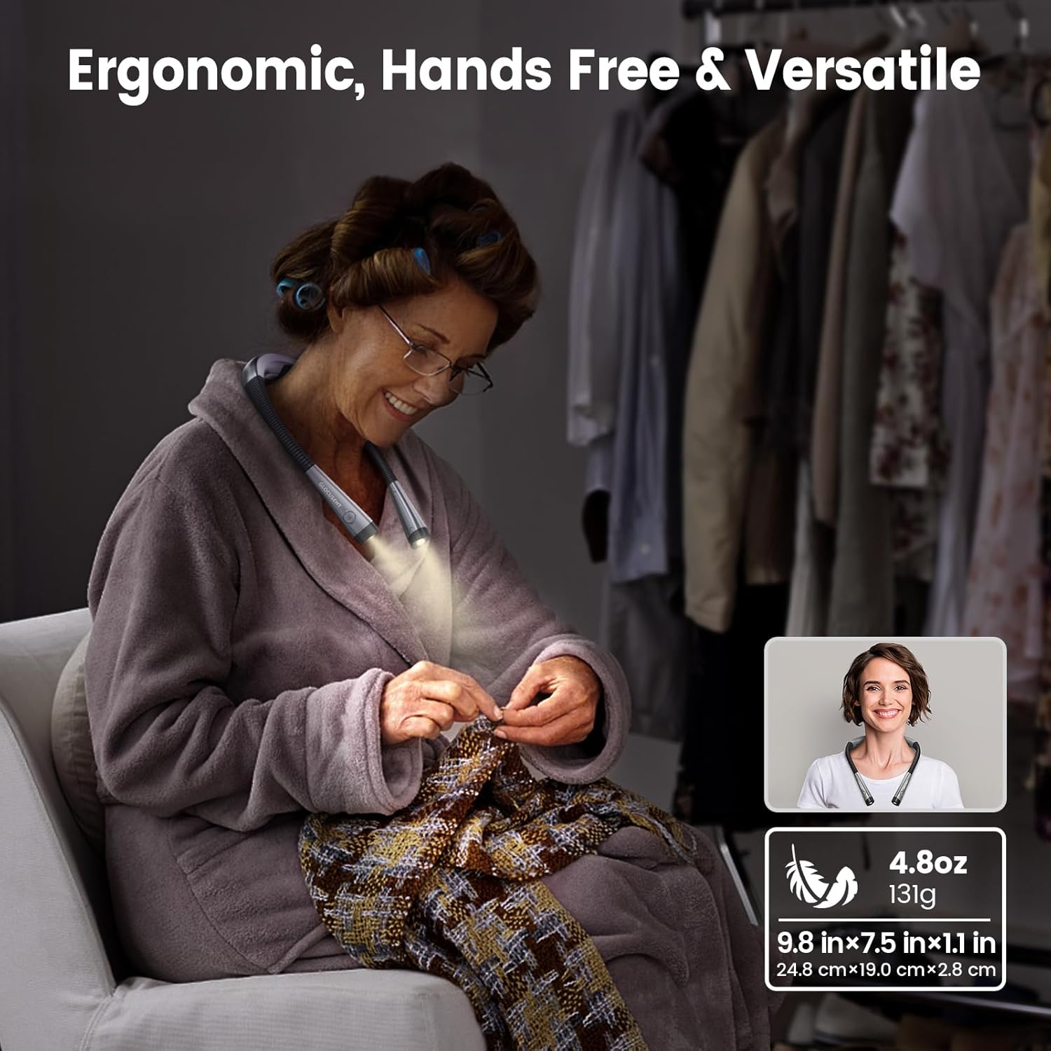 Woman sitting on a couch wearing a stethoscope with a light attached, surrounded by clothing.