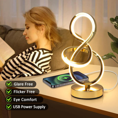 Woman sitting on a couch with a gold table lamp and phone on a surface, featuring text about lamp features.