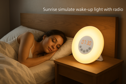 Woman sleeping in bed with a sunrise simulator clock on a nightstand.