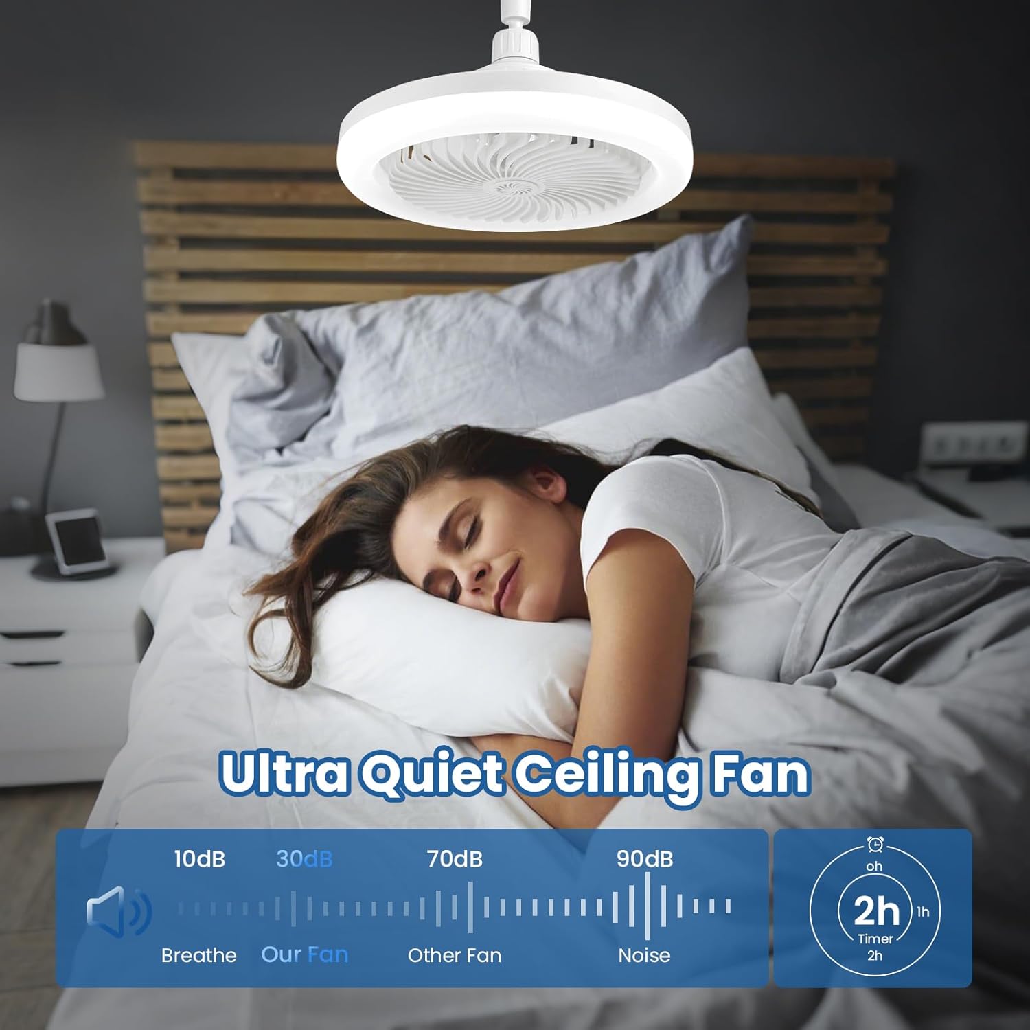 Woman sleeping in bed with an ultra quiet ceiling fan above her