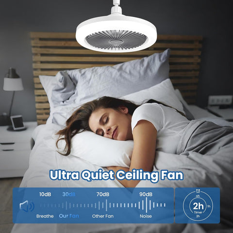 Woman sleeping in bed with an ultra quiet ceiling fan above her