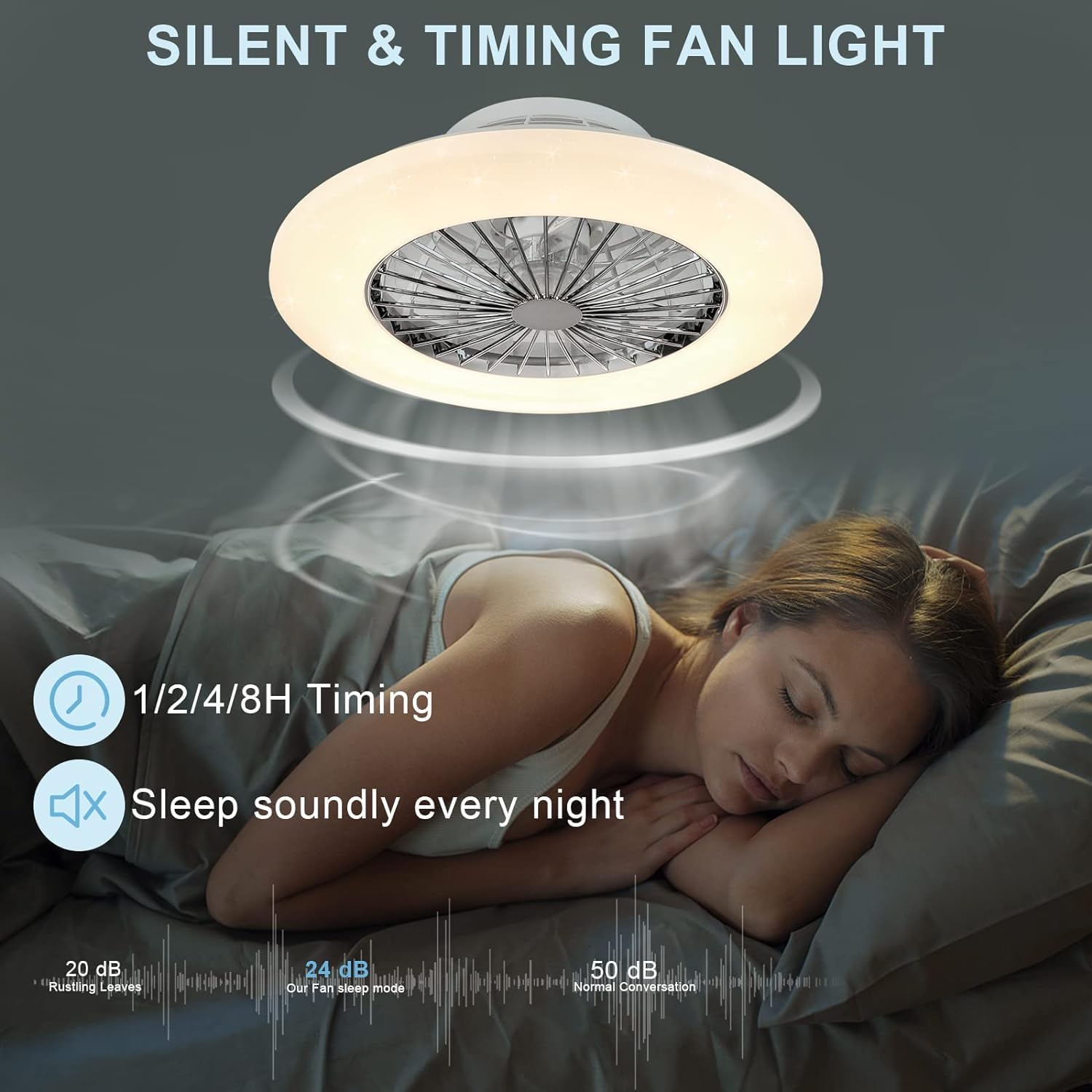 Woman sleeping with a ceiling fan light above her, featuring silent and timing features.