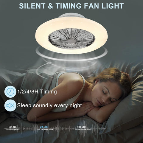 Woman sleeping with a ceiling fan light above her, featuring silent and timing features.