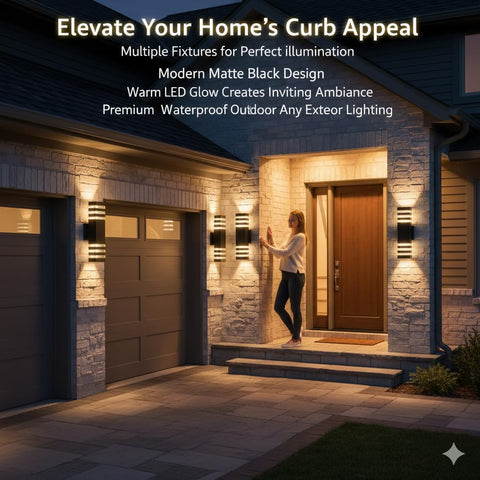 Woman standing in front of a house with modern outdoor lighting fixtures, text about home curb appeal.