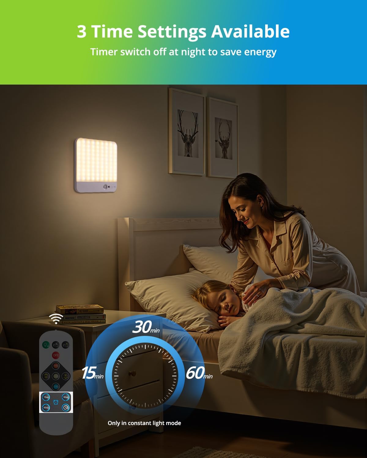 Woman tending to a child in bed with a wall-mounted light and remote control displaying timer settings.