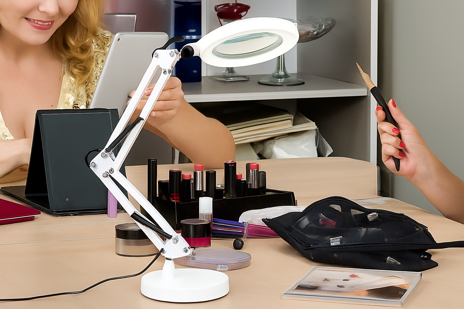 Woman using a desk lamp with makeup and a phone on a table