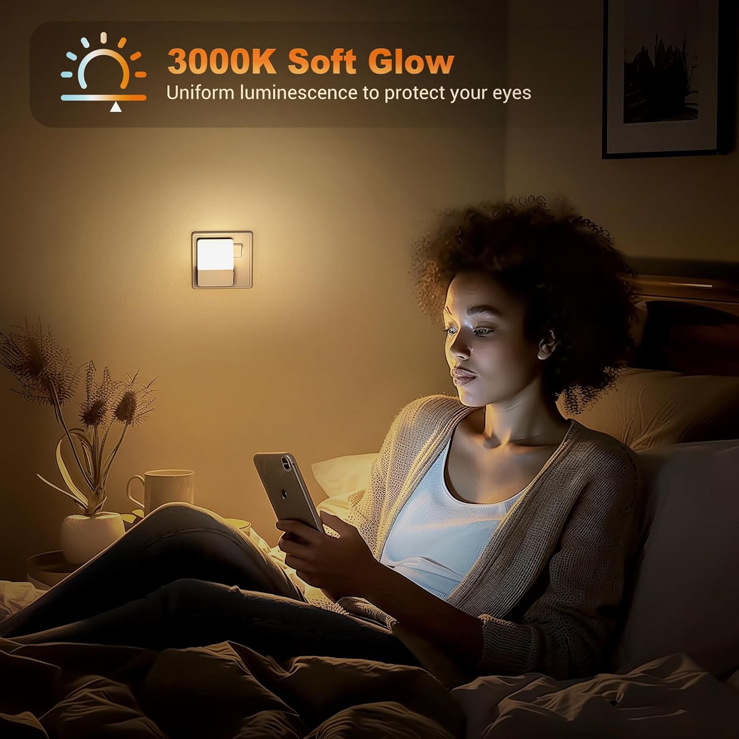 Woman using a phone in a dimly lit room with a 3000K soft glow light fixture.